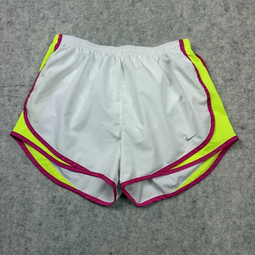 Women’s Nike Dri Fit White/pink/neon Yellow Lined Running Shorts Size Medium - Picture 1 of 14